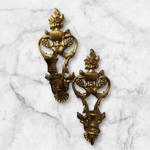 Vintage Pair Of Gold Wall Sconces Candle Holders Hollywood Regency Syroco